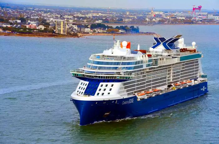 The Celebrity Edge sets sail from the Chantiers de la Atlantique shipyard in Saint-Nazaire, France.