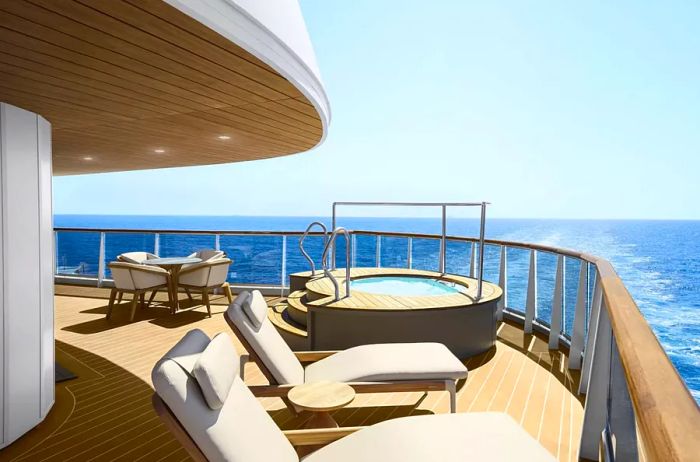 A hot tub and lounge chairs on the deck of an Explora Journeys cruise.