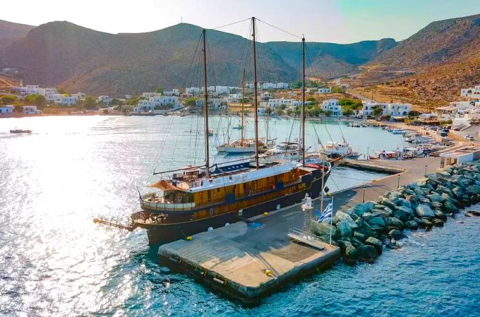 A Variety cruise ship anchored at a scenic spot in Greece