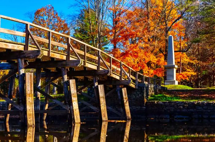 Old North Bridge spanning the Concord River in Autumn