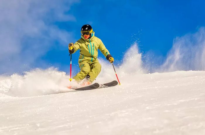 Skiing on pristine snow in the Swiss Alps, Verbier