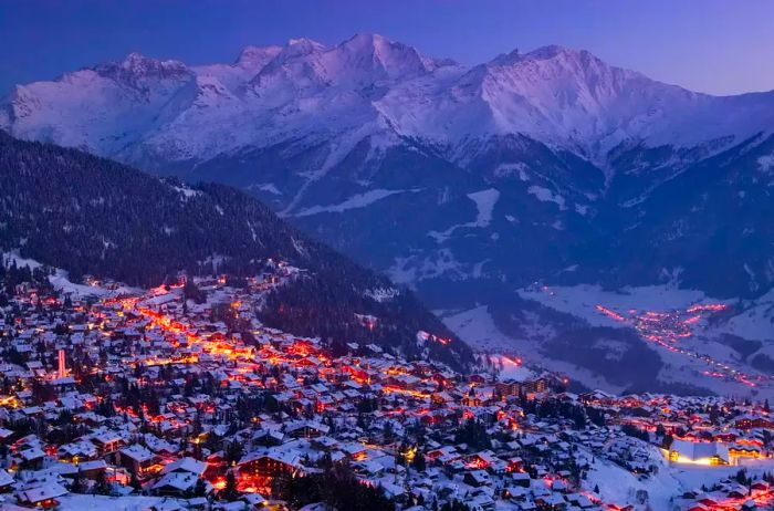 Switzerland, Wallis, Verbier, evening view of the town