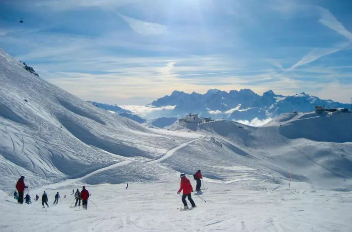 Skiers enjoying the slopes in Verbier, Switzerland