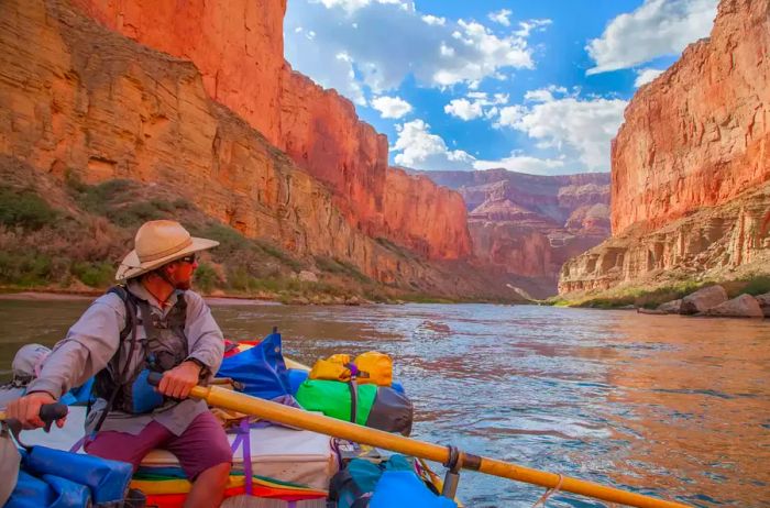 United States, Arizona, Grand Canyon National Park, a man navigating a whitewater raft on the Colorado River. MR