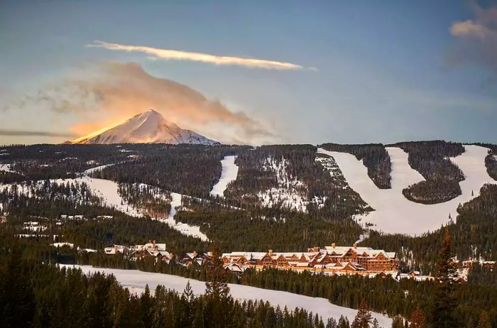 Aerial shot of Montage Big Sky blanketed in winter snow