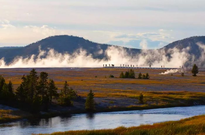 Hikers making their way to geysers