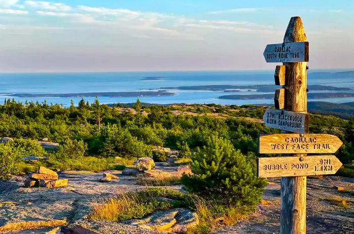 A directional sign offers stunning ocean views from the summit of Cadillac Mountain in Acadia National Park.