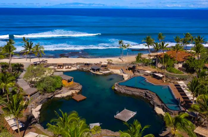 Renovation of King's Pond at Four Seasons Hawaii features a large swimming aquarium.