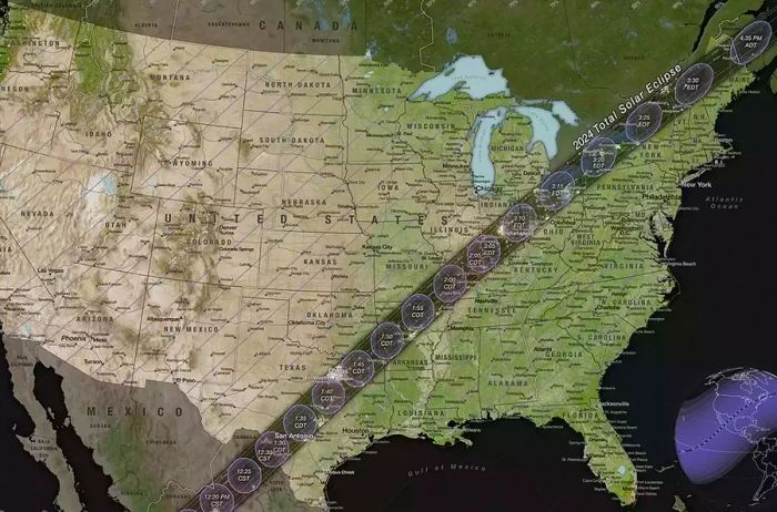 The path of totality traversing the U.S. on April 8, 2024.