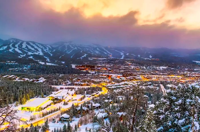 Winter dusk in Breckenridge, Colorado.