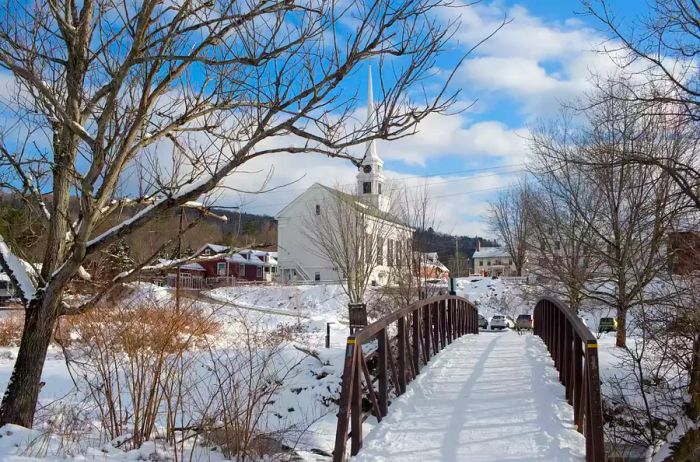 Picturesque views of the charming village of Stowe, captured on March 1, 2020, in Stowe, Vermont.