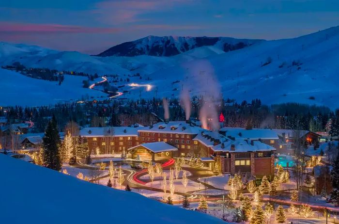 Aerial view of Sun Valley Lodge during winter