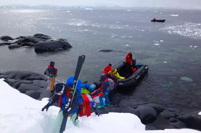 A group disembarking from a zodiac boat with skis in Hovgaard, Antarctica 