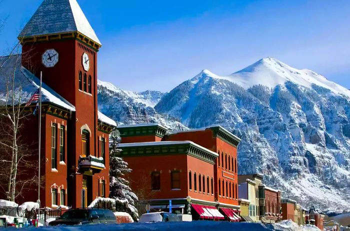 Ajax Peak with Telluride's Main Street in winter