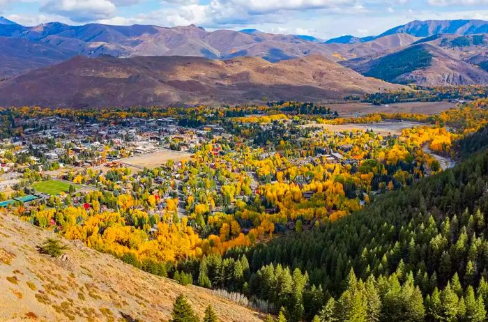 Aerial view of Ketchum, Idaho, in autumn