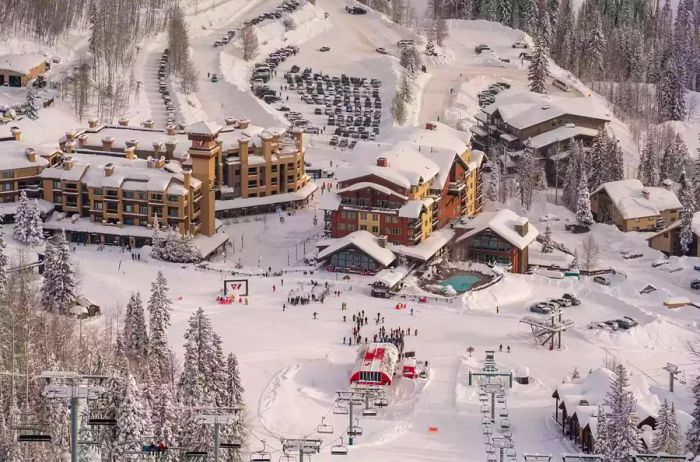 An aerial perspective of Purgatory Mountain ski resort in Durango, Colorado, captured during winter.