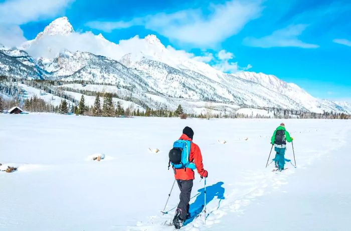 Skiers seen from behind walking across a field with snow-capped mountains in the background