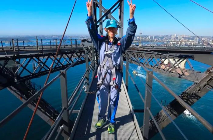 individual preparing to leap in bungee gear