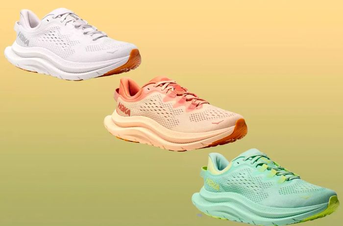 white, peach, and celery Hoka sneakers