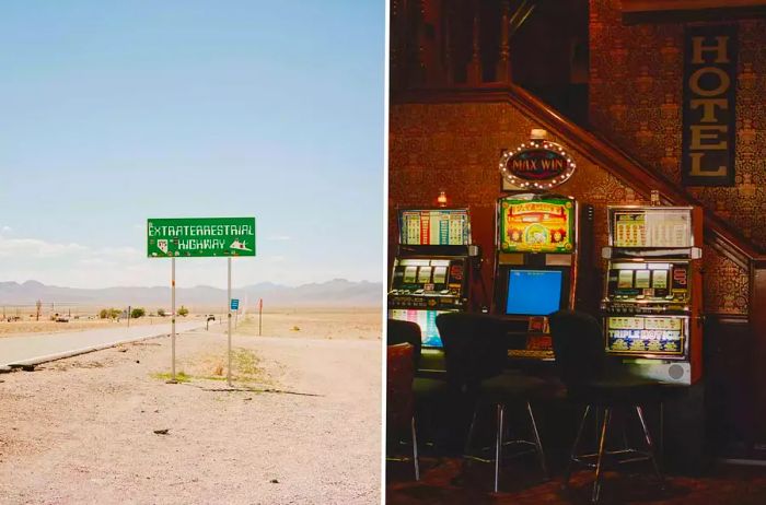 A pair of images showcasing an Extraterrestrial Highway road sign alongside slot machines at the Mizpah hotel