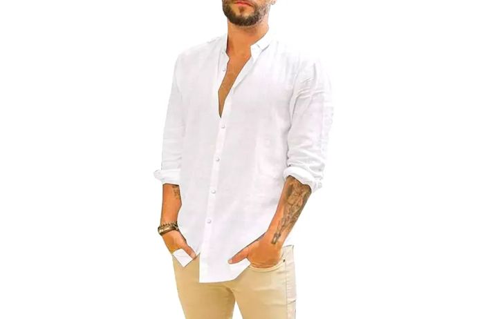 Men's Casual Long Sleeve Cotton Linen Shirts, Button Down, Solid Plain, Roll-Up Sleeve, Perfect for Summer Beach Days