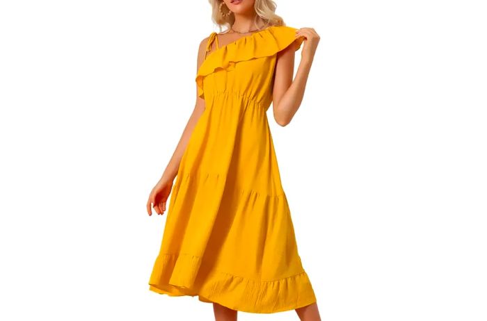 Allegra K One Shoulder Ruffle Neck Casual Flowy A-Line Tiered Dress