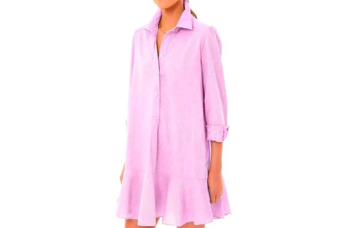 Women’s Long Sleeve Tunic Shirt Mini Dress, Cotton Button-Up with Ruffle Hem Shift Style