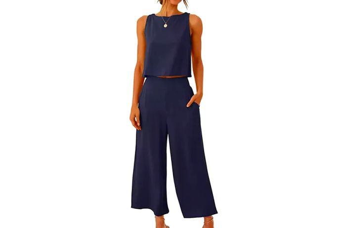 Amazon ANRABESS Women's Summer 2 Piece Set: Sleeveless Tank Crop Top with Button Back and Cropped Wide Leg Pants