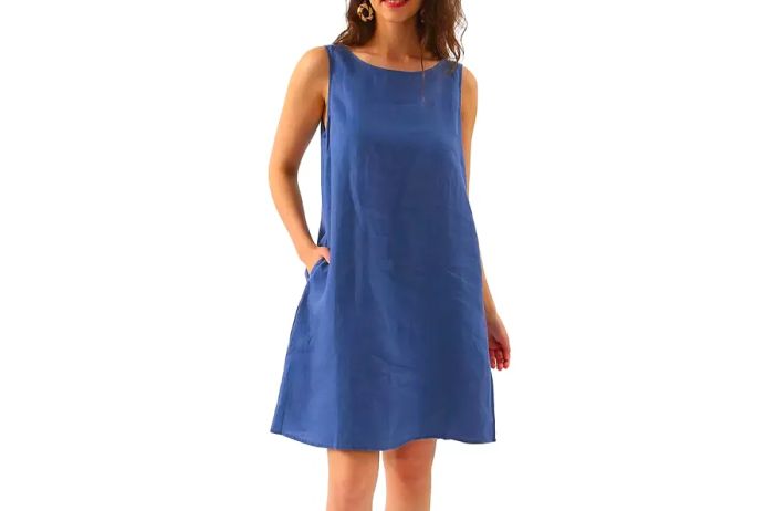 Amazhiyu Women's Linen Sleeveless Shift Dress with Pockets, Casual Crew Neck Tank Dress