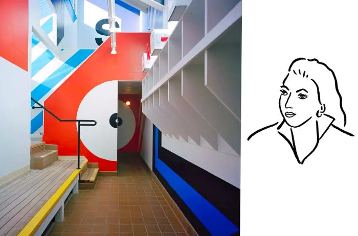 Image showcasing the vibrant graphic interior of the Moonraker Recreation Center at Sea Ranch; illustration by designer Barbara Stauffacher Solomon.