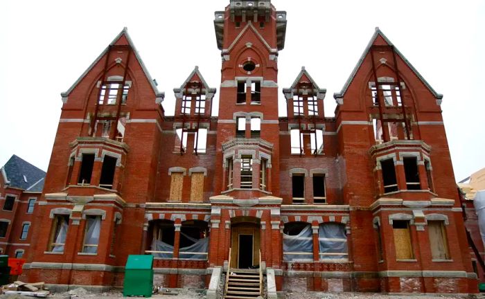 DANVERS, MA - FEBRUARY 2: Avalon Bay communities is transforming the site of the former Danvers State Hospital into a complex featuring 433 apartments and condos. Renovations are underway on the historic Kirkbride building, with part of the original structure being restored for use.