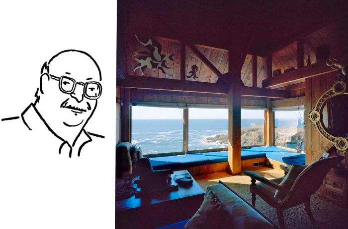 An illustration of Charles Moore alongside views from his Sea Ranch property