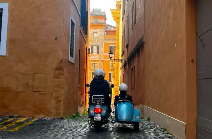 Travel snapshots of Tony Hale riding in a sidecar through Italy