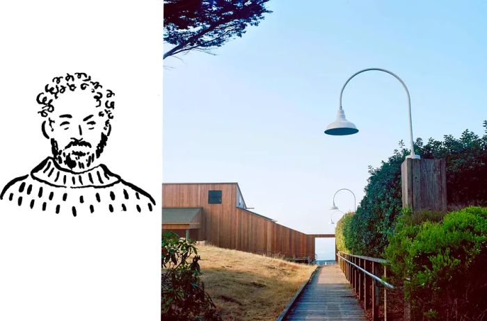 An illustration of Lawrence Halprin alongside a view of the Sea Ranch Lodge