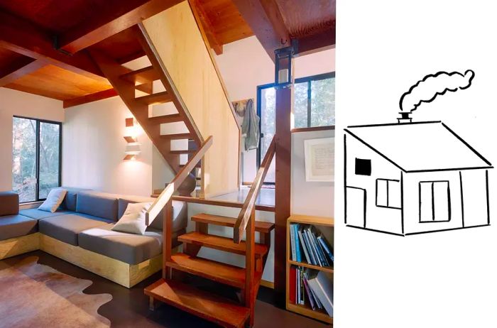 Image showing the interior and an illustration of the exterior of the Mini Mod rental house at Sea Ranch.