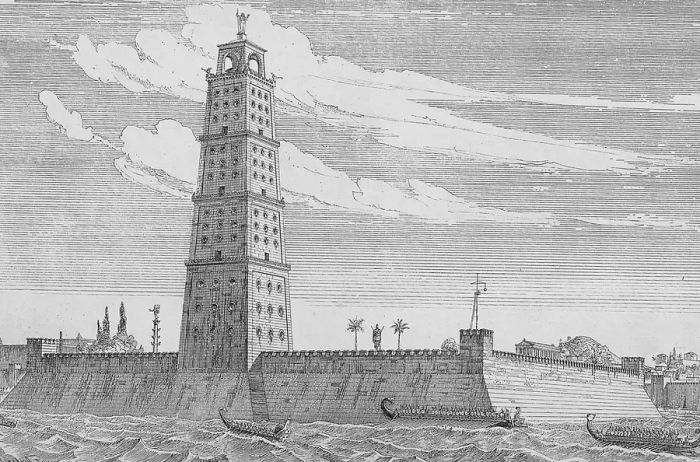 Engraving of the Lighthouse in Alexandria (one of the seven wonders of the world) by F. Adler, dated 1901