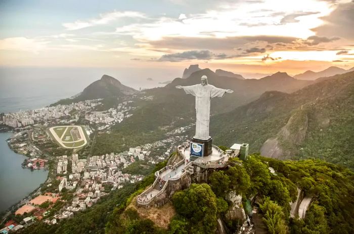 Aerial view of the Christ the Redeemer statue atop Corcovado