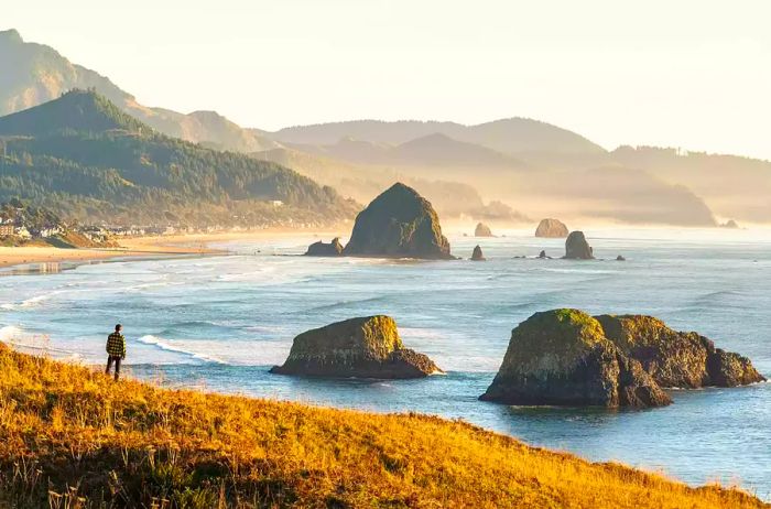 A man gazing at the view of Ecola State Park and Cannon Beach along the Lewis and Clark National Historic Trail, Oregon