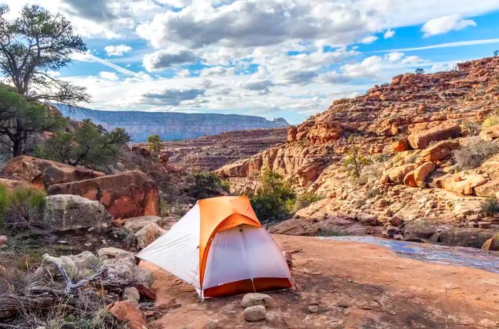 Camping on a rocky platform in the Royal Arch drainage, with nearby running water, Grand Canyon National Park, Arizona