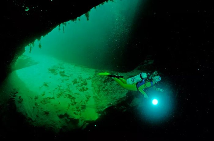 Cave diving, scuba diving in underwater caves, Bahamas, freshwater blue holes