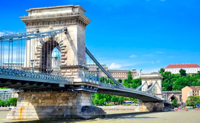 Chain Bridge alongside the Royal Palace, Budapest, Hungary