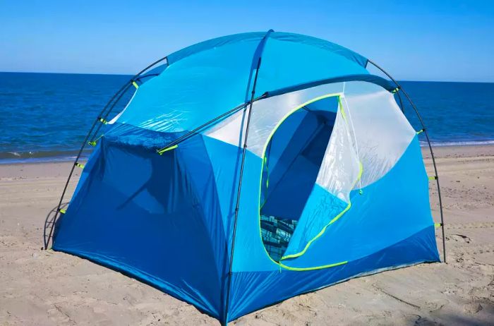 A pitched NEMO Aurora Highrise Camping Tent on the beach