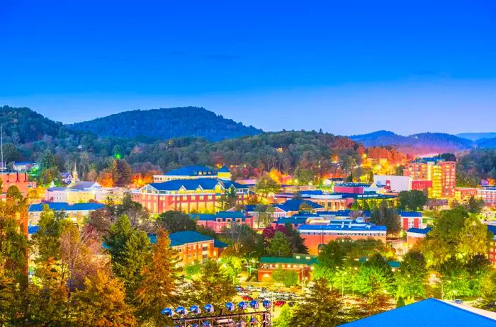 Public college campus and town skyline. Boone, NC.