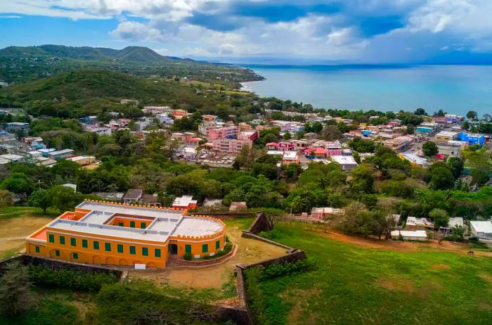 An aerial perspective of El Fortín Conde de Mirasol (Fuerte de Vieques), a historic fort established in 1845 in Isabel Segunda, Vieques, Puerto Rico.