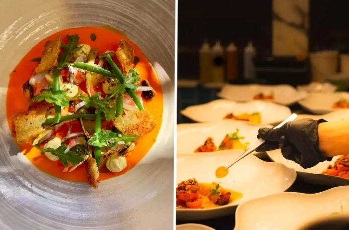 Two images: one featuring a vibrant orange dish with beans, and the other capturing a chef in the act of plating a dish.