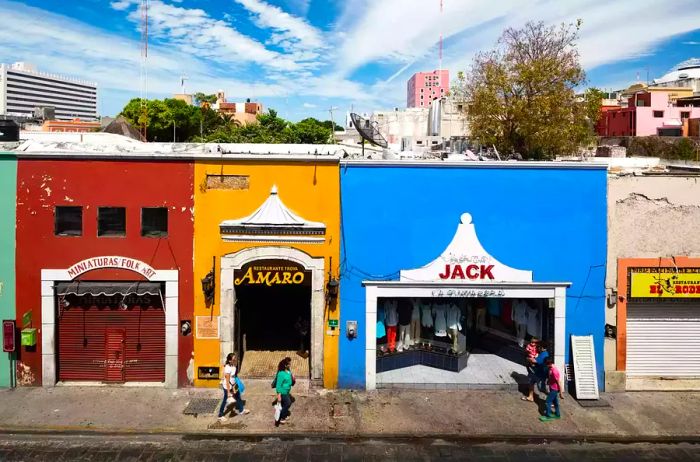 Vibrant Mexican storefronts in the historical center of Mérida, Mexico