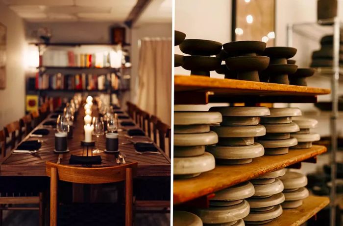 Two images: one depicts a dining table, while the other shows a stack of plates.