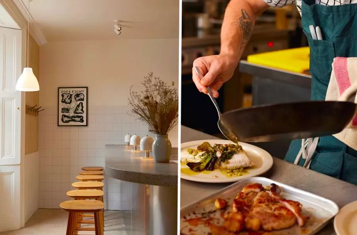 A pair of images featuring one of barstools and the other depicting a chef arranging a dish.