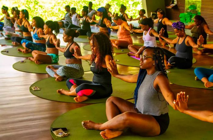 A group of women engaging in yoga practice in Bali