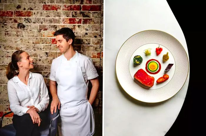 A duo of images featuring one of chefs working in a restaurant and the other showcasing a beautifully plated dish.